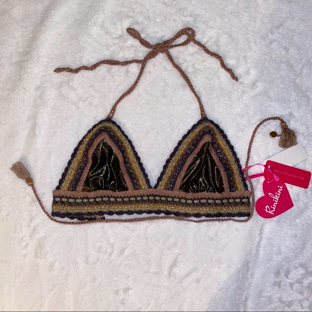 Rinikini bikini top size small NWT, copper/gold with crocheted ties